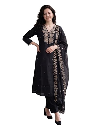 Image of INDO ERA Women's Silk Blend Floral Embroidered Thread Work Kurta & Pant with Dupatta Set (IEBBAI438)