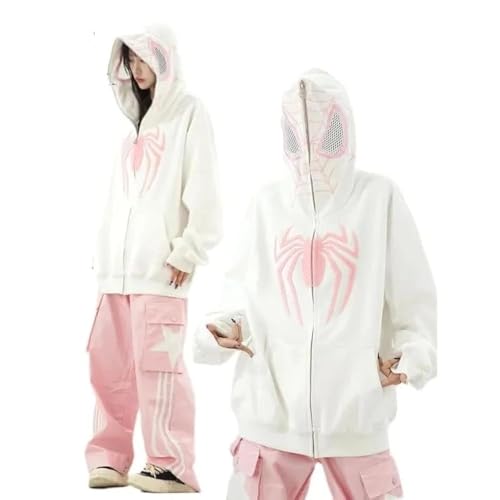 OATSBAS Y2K Hip Hop Spider - Sudadera con capucha para mujeres y hombres, con cremallera completa, sudaderas de gran tamaño, Kawaii, chaqueta de araña, Blanco, Large