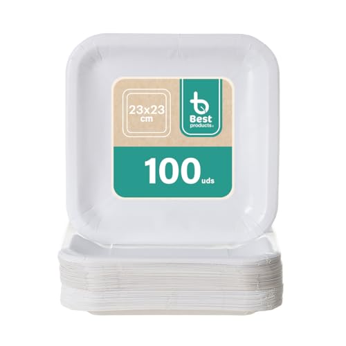BEST PRODUCTS 100 Platos Desechables | Cartón Ecológicos Biodegradables Compostables y Reciclables | Para Fiestas Cumpleaños Comuniones o Eventos | Cuadrados Llanos 23x23cm