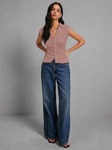 Image of GRECIILOOKS Korean Tees for Women | Tops for Woman | Collared Casual Summer Tops for Women Western | Knitted Top Button-Up Short Sleeve Crop Top |Summer Stylish Texture Korean Knit Tee