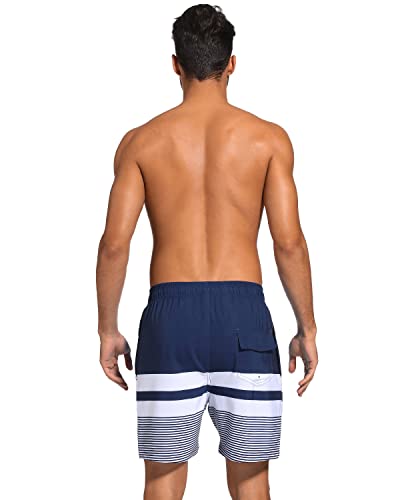 Silkworld Quick Dry Mens Swim Trunks With Compression Liner Stretch Swim Shorts Bathing Suits With Zipper Pockets,Dark Navy&White Stripes,Medium #TOP6