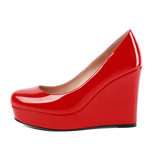MOVINSTEPS Womens Party Round Toe Solid Patent Sexy Platform Slip On Wedge High Heel Pumps Shoes 4 Inch2