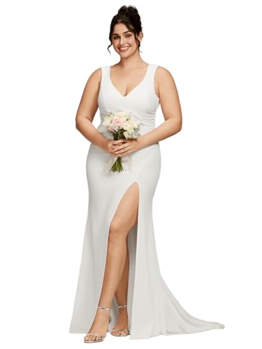 Ever-Pretty Women's Simple Sleeveless V Neck Bodycon Slit Mermaid Wedding Dresses for Bride Plus Size Bridal Gowns