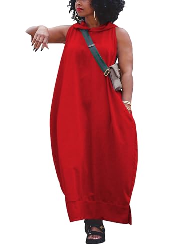 YeGine Oversize Tshirt Dress Women Summer Sleeveless Maxi Dress with Pockets Red 2XL