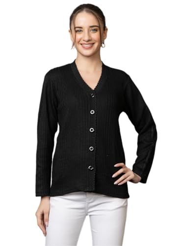 Image of Wear lusso Women's Woolen V-Neck Buttoned Full Sleeve Cardigan Self Design Soft Wool Fabric Winter Wear Pure Wool Sweater with Pockets Stylish Outdoor and Office Wear Girls