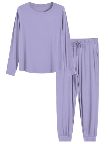 Latuza Women's Petite Jogger Pajamas Set Long Sleeve Sleepwear Petite Size, Purple, Large
