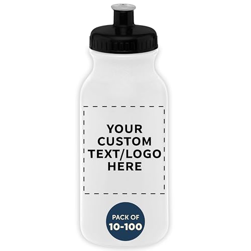DISCOUNT PROMOS Custom 20 oz. Water Bottles with Push Cap Set of 10/50/100 Personalized Bulk Pack - Perfect for Gym Hiking Camping Outdoor Sports - Bright White