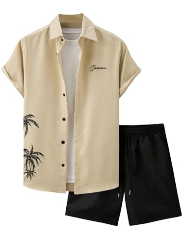 GORGLITTER Men's 2 Piece Outfits Tropical Letter Print Button Down Shirt Drawstring Waist Shorts Set