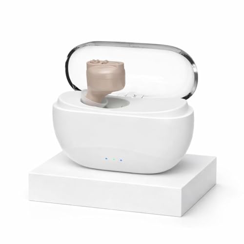 Aika Mini Rechargeable CIC Digital Hearing Aid Sound Amplifier Machine for Old age with Auto Noise Cancellation, Clear Sound and Dry Kit (For Single Ear, Beige)