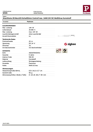Paulmann 500.45 Smart Home Zigbee Maxled Schalt/Dimm Controller max. 144W 24V DC Schaltgerät 50045 - Amazon Echo Plus kompatibel, 3.8 x 9.5 x 2.8 cm
