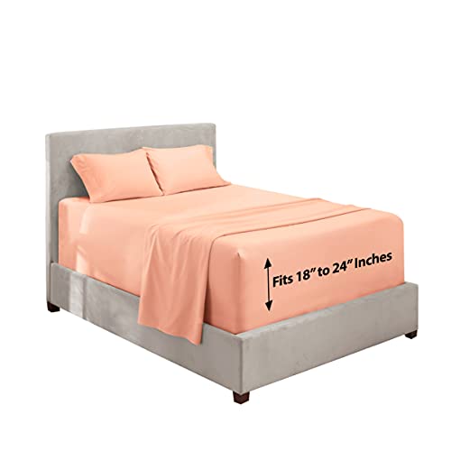 Image of Hearth & Harbor Extra Deep Pocket California King Sheets - 4 Piece Hotel Luxury California King Sheet Set Fits Up to 24 inch Mattress - Ultra Soft Luxury Bed Sheet Set - Cal King, Peach