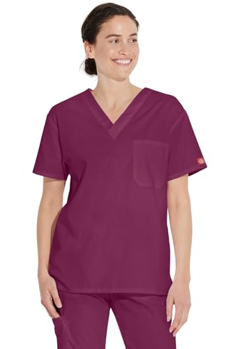Dickies Unisex V-Neck Scrub Top, Wine, Large