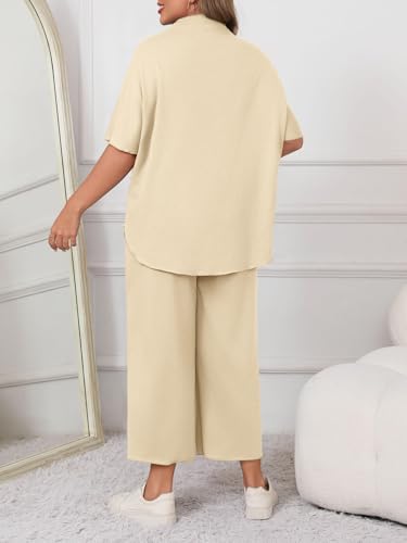 Image of Beautife Women's Plus Size 2 Piece Outfits 3 /4 Batwing Sleeve Capelet Crew Neck Pullover Top Wide Leg Pants Lounge Set