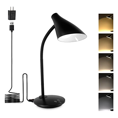 LED Desk Lamp, Black Desk Lamps for Home Office College Dorm Room Eye-Caring Reading, Gooseneck Desk Lamp, Study Desk Light with USB Port, 3 Brightness Levels, 5 Color Temperature, 45Mins Auto-Timer