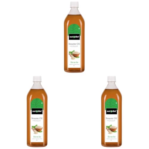 Image of nutndiet Cold Pressed Sesame Oil | White Sesame Til Ka Tel | 1 Litre Pet Bottle | Pure & Natural | Ideal for Cooking, Massage, Hair & Skin Care | Cold Press White Til Oil (Pack of 3)
