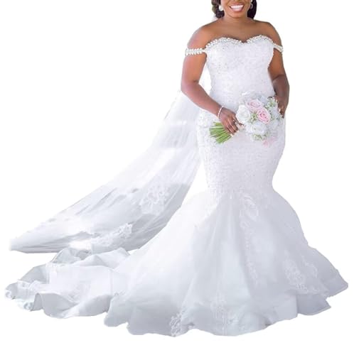 Plus Size Off The Shoulder Mermaid Bridal Gown Crystal Beaded Tulle Lace Appliques Sweetheart Wedding Dress for Bride