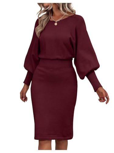 SOLY HUX Women's Sweater Dress Bishop Long Sleeve Crewneck Bodycon Casual Dresses Plain Burgundy...