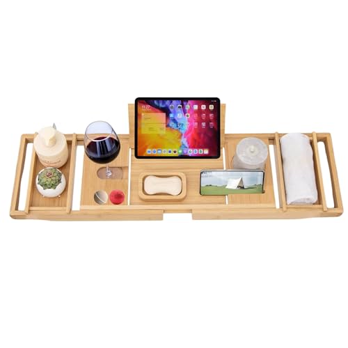 AUNEK Extendable Bath Tray, Luxury Wooden Bamboo Bathtub Shelf with Built-in Holders for Books, Tablets, Phones, Glasses & Candles, Adjustable Caddy Bridge Fits Most Bathtubs