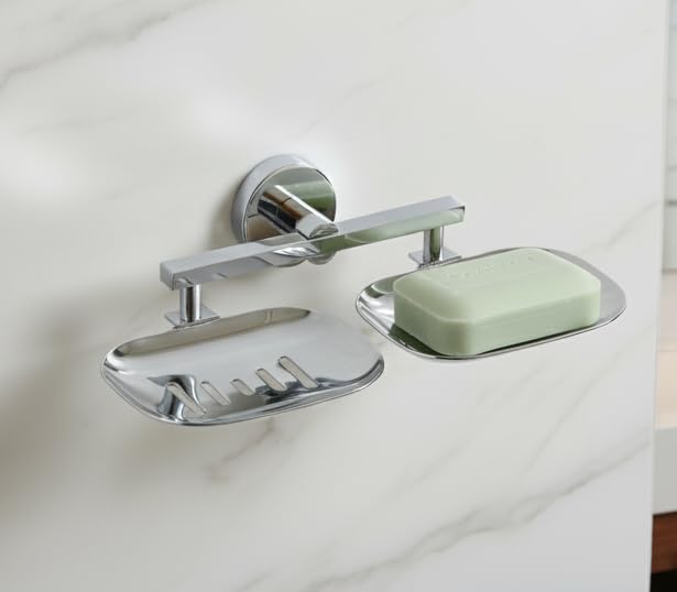 Image of EASYHOME FURNISH Premium Stainless Steel Double Soap Dish for Bathroom & Kitchen | Wall-Mounted Dual Soap Holder with Drainage Slots | Rust-Proof Chrome Finish Soap Stand (Round-37 08)