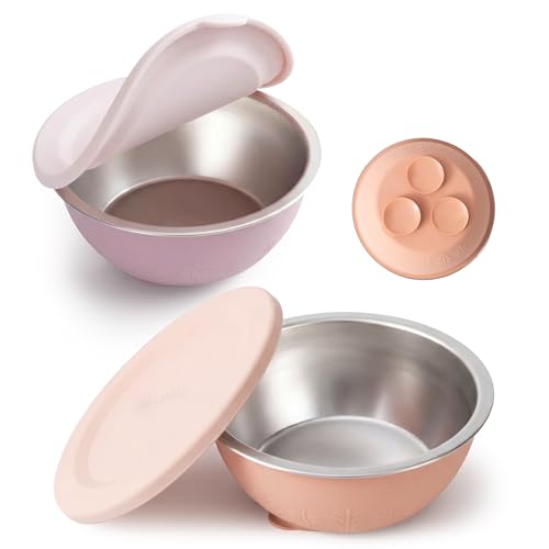 Moonkie Baby-Breischalen aus Edelstahl mit Silikondeckeln und Saugbasis | Nahtloses Einteildesign | BPA-frei | 13 oz | Spülmaschinenfest | Ab 4M+ | 2er-Pack (Puderrosa/Nebellila)