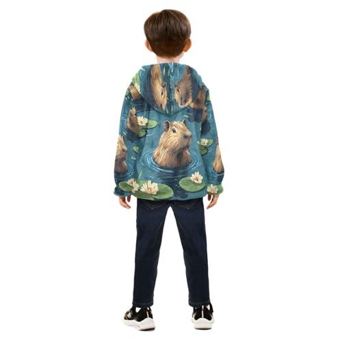 Cute Swimming Capybara Pattern Toddler Fleece Jacket Girl Boys Hooded Fleece Jacket Coat Warm Outwear Zip-up 3-10T4