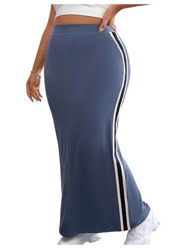 OYOANGLE Women's Plus Size Contrast Binding Bodycon Maxi Skirt Elastic High Waist Casual Long Skirts