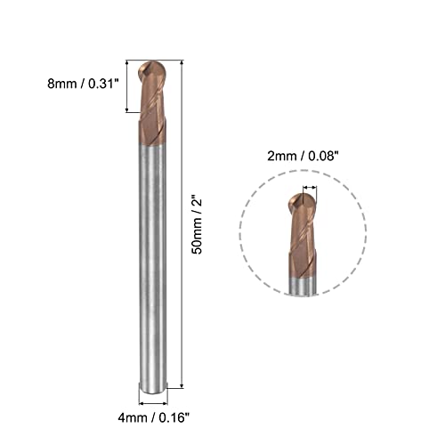 Image of uxcell Ball Nose End Mill 2mm Tip Radius Solid Carbide AlTiSin Coated CNC Router Bits 2 Flute Spiral Milling Cutter HRC55 with 4mm Shank 50mm (2-inch) Length