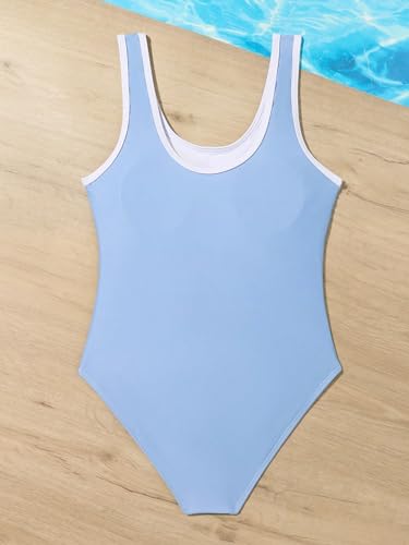 Image of WDIRARA Girl's One-Piece Letter Print Swimsuit Scoop Neck Swimwear Contrast Binding Bathing Suit