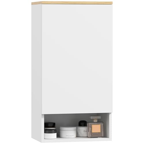 HOMCOM Armadietto Bagno a Muro con Mensole Regolabili, Mobiletto Bagno con Ripiano Aperto e Anta in Truciolato e MDF, 40x27x77 cm, Bianco