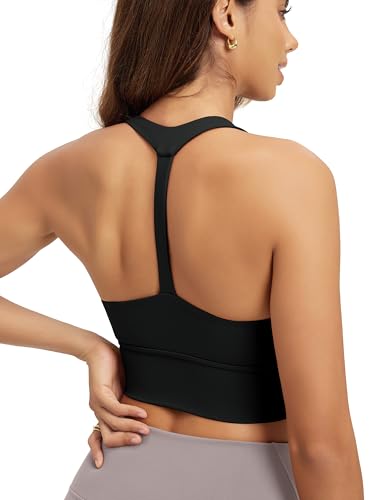 ODODOS Women's Halter Sports Bra Padded Y Racerback Medium Support Wirefree Workout Yoga Top with Removable Pads