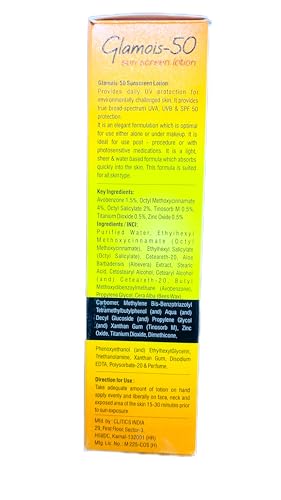 Image of Glamois-50 Sun Screen Lotion, SPF 50+++, Non-Sticky, Immediate Absorption, Water Resistant, 100ml