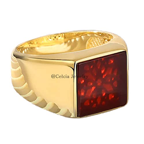 Natural Carnelian Red 12MM Gemstone Ring, A Beautiful 925 Sterling Silver Ring, 18K Gold Plated Statement Anello con sigillo, Arabic Style Birthday Anniversary Gifts for Men (carnelian (yellow)