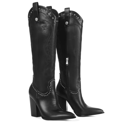 Image of VOMIRA Knee High Cowboy Boots for Women Pointed Toe Chunky High Heels Pull-on Embroidered Boots Western Boots Wide Calf Cowgirl Boots