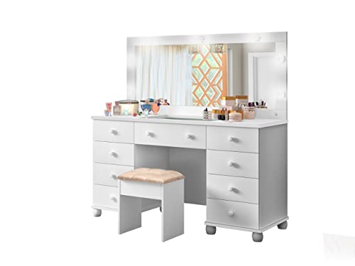 penteadeira lx camarim 9 gavetas branco com led e espelho com banqueta