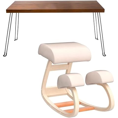Sleekform Wooden Folding Desk, Small Folding Table Portable with Collapsible Hairpin Legs, Austin Kneeling Chair, Home Office Ergonomic Computer Desk Stool Cover