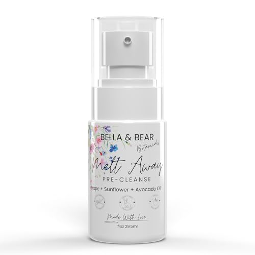 Bella and Bear Melt Away Pre-Cleanse Makeup Remover Oil for All Skin Types - Hydrating & Gentle Facial Cleansing Oil with Grape Seed, Sunflower & Pumpkin Seed Oils - Sustainable Glass Bottle