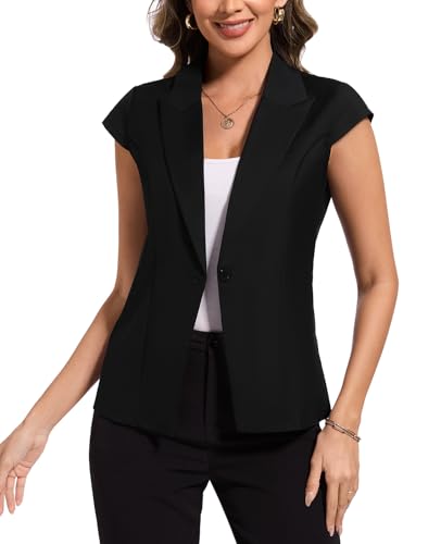 MINTLIMIT Cap Short Sleeve Blazers for Women Dressy Casual Lightweight Button Front Jacket Notch Lapel Work Office Blazer - Main Image