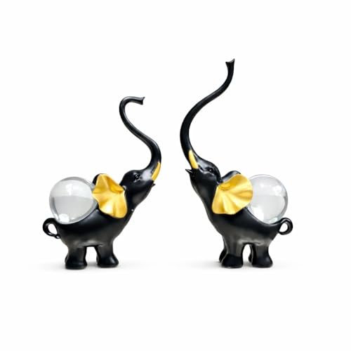 Image of ARMONIA Set of 2 Lucky Elephant Showpiece for Home Decor |Black Polystone Elephant with Detachable Crystal Glass Ball |Vaastu Feng Shui Elephant Idol for Living Room,Office,Entrance | Gift for Wedding