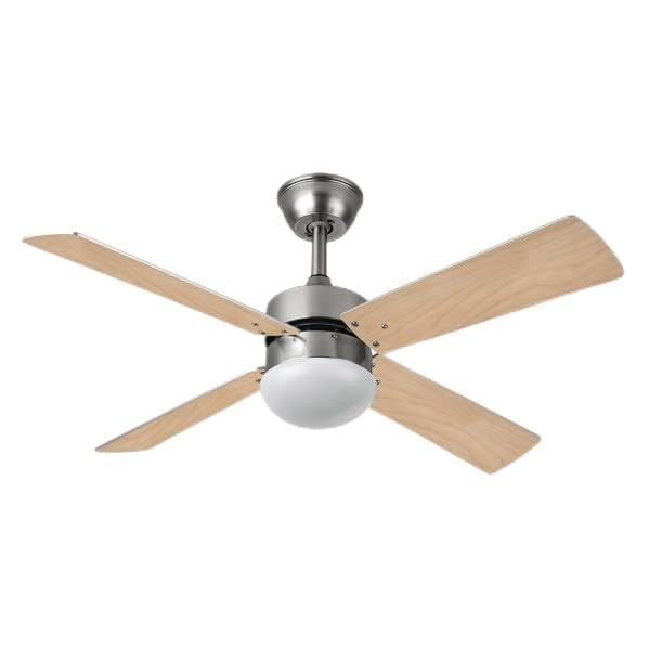 Brightium Ventilador DC con 4 aspas, reverso, mando a distancia, temporizador, acabado níquel y madera clara, ideal para refrescar espacios.