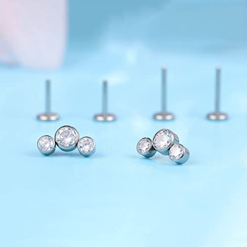 Limerencia G23 Hypoallergenic 18G Flat Back Stud Earrings | F136 Implant Grade Titanium Press Fit Threadless Push Pop In Cartilage Helix Labret Lip Monroe Tragus Piercing Studs （Three Crystal Cluster，Silver） #TOP2
