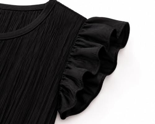 Image of Girls Dress Flutter Sleeve Round Neck Crinkle Pleated Fit & Flare Frock Satin Waist Bow Ruffle Hem Knee Length Birthday Party (2-14Y)