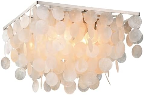 VAXCEL Elsa 16-in W Satin Nickel Capiz Shell Coastal Flush Mount Ceiling Light Fixture