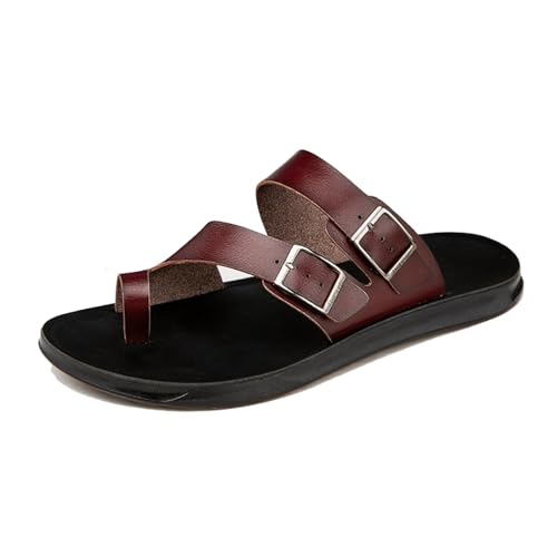 Men's Leather Slip On Flat Slide Sandals with Double Adjustable Buckle Comfort Arch Support Open Toe Soft Sole Flip Flops Summer Lightweight Anti-Slip Walking Beach Sandals