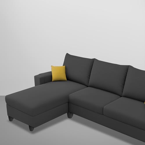 Image of Casaliving Porto LHS 4 Seater L Shape Sofa Set for Living Room (Black Fabric) Premium Velvet Fabric Sofa Set
