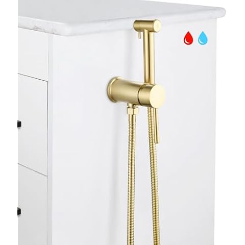 KWOCI Brushed Gold Hot and Cold Bidet Sprayer Set Mounted on The Bathroom Vanity, Stainless Steel Warm Water Bidet Sprayer for Toilet with Brass Hot and Cold Mixing Valve Cover