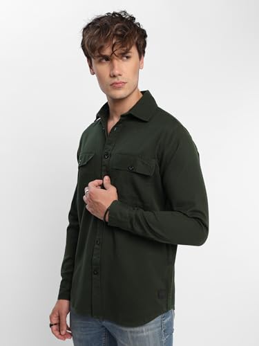 Image of Beyoung Drill Laffer Fabric Urban Shirt for Men | Regular Fit | Classic Collar | Drop Shoulder | Full Sleeves | Solid Pattern | Casual Shirt for Men