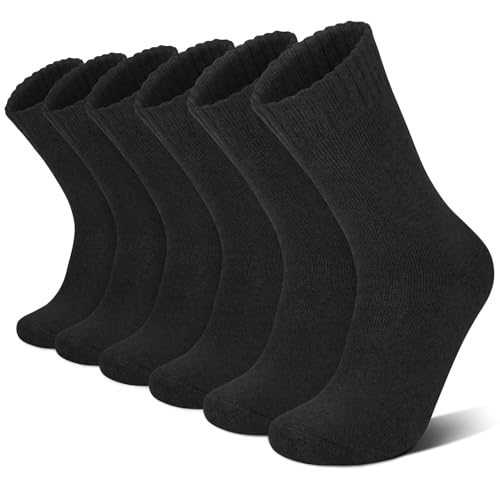 6 Pairs Merino Wool Socks for Men Thick Warm Thermal Winter Striped Dress Hiking Crew Men Socks Size 9-14, All Black Pack, 9-14