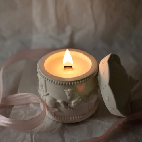 Image of White Ceramic Horse Design Soy Wax Candle, Decorative Jar with Embossed Pattern and Removable Lid, Home Decor and Aromatherapy