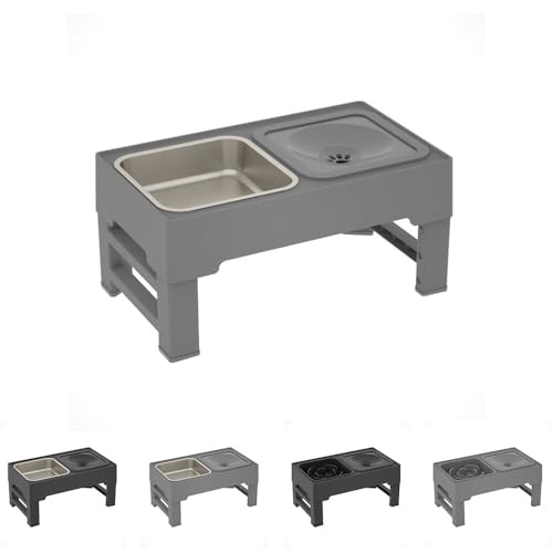 Aoccqkfステンレス製ペット給餌ステーション、折りたたみ式大容量フードボウルスタンド、滑り止め設計、中型犬、大型犬用、簡単なお手入れ、組み立て不要 (グレー,折りたたみテーブル ステンレス製ボウル)