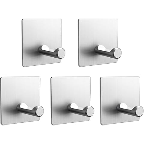 DDF iohEF Pack of 5 Self-Adhesive Towel Hooks, Stainless Steel Bathrobe Hooks, No Drilling, Towel Holder, No Drilling, Clothes Hooks, Bathroom, Kitchen Towel Holder, White Cover